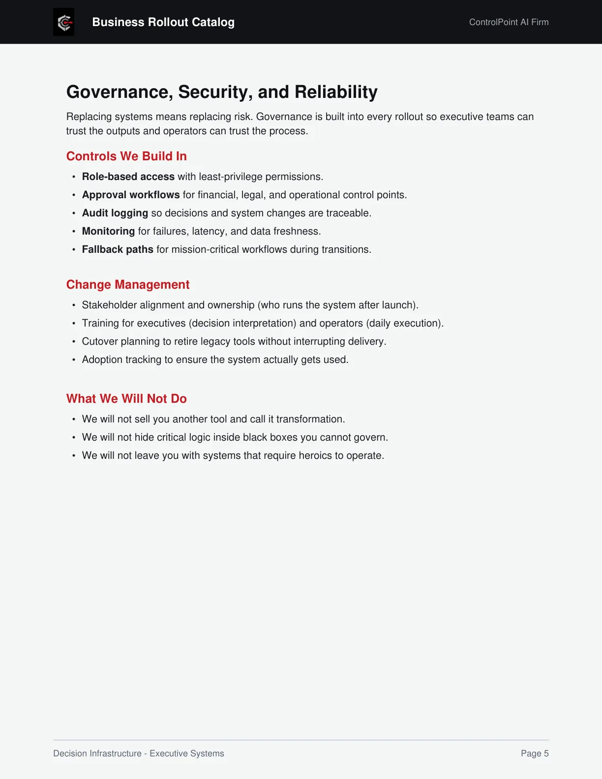 Catalog page: Governance, Security, and Reliability