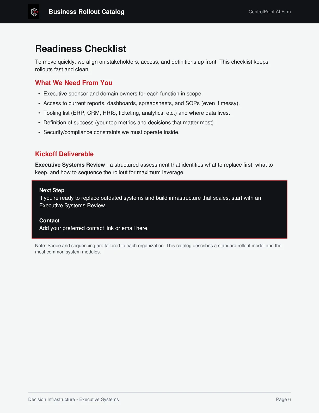 Catalog page: Readiness Checklist